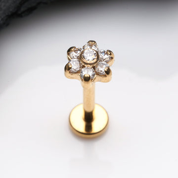 Detail View 1 of Golden Brilliant Sparkle Flower Top Internally Threaded Labret-Clear Gem